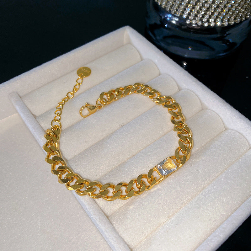 Geometric PVD Gold Plated Stainless Steel Cuban Link Chain Bracelet with Cubic Zirconia