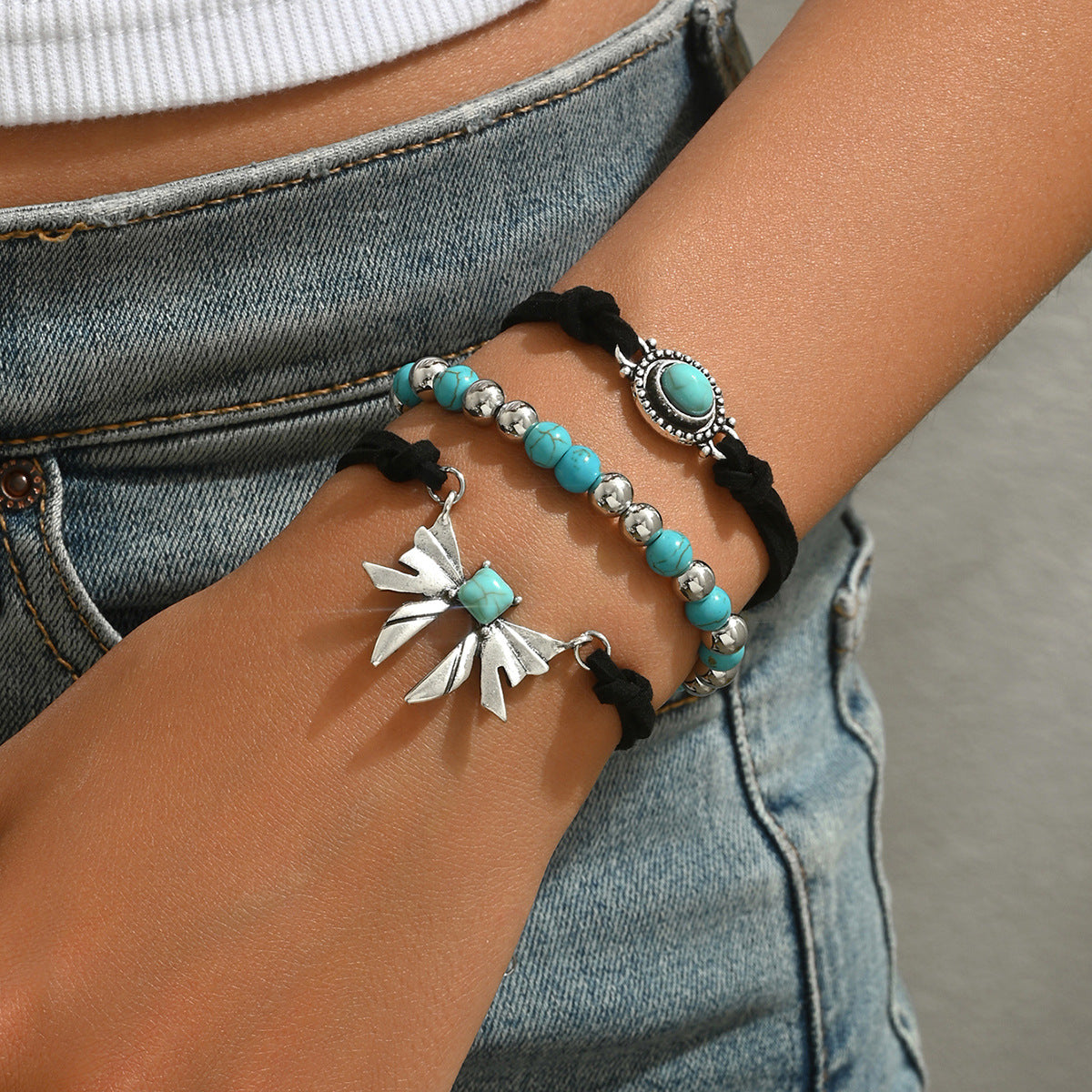 Set bracciale rigido turchese da donna con farfalla geometrica vintage in lega di zinco fatto a mano