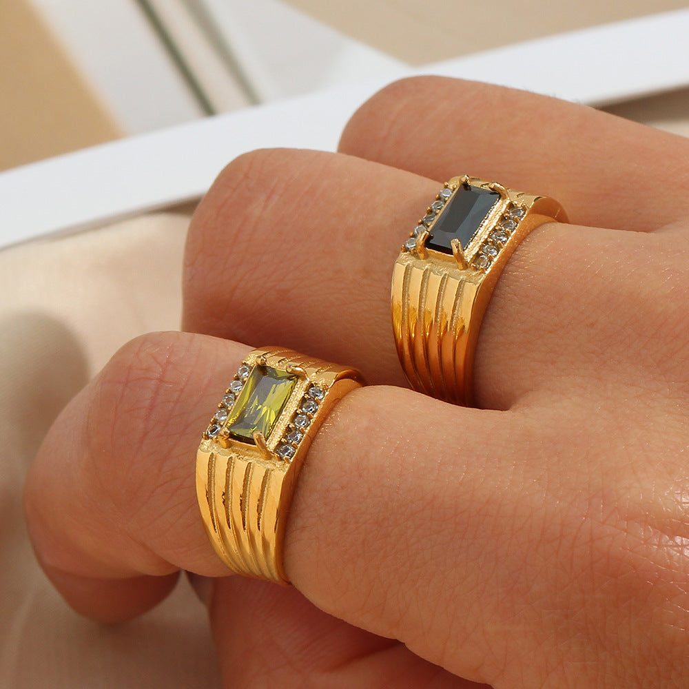 Casual Geometric Stainless Steel Ring with 18K Gold Plating and Cubic Zirconia Inlay for Women