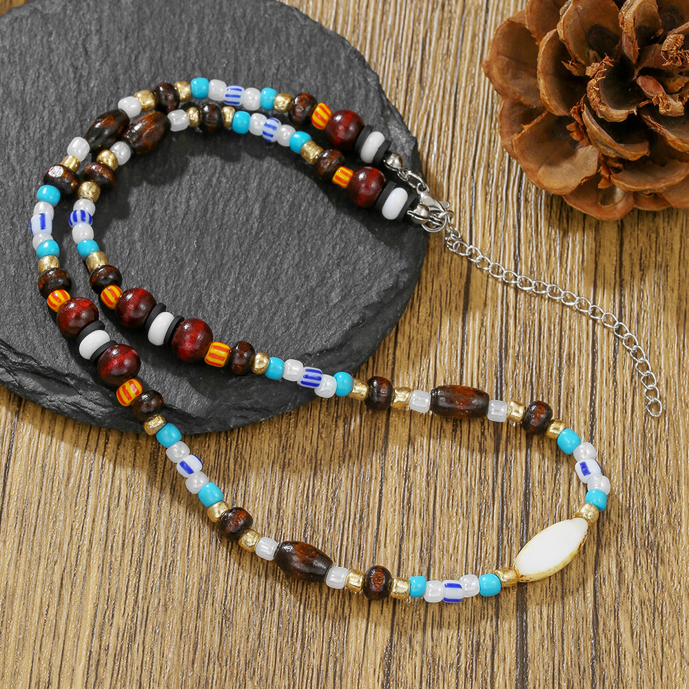 Vintage Sweet Geometric Wood Bead Shell Pendant Necklace Handmade Cable Chain