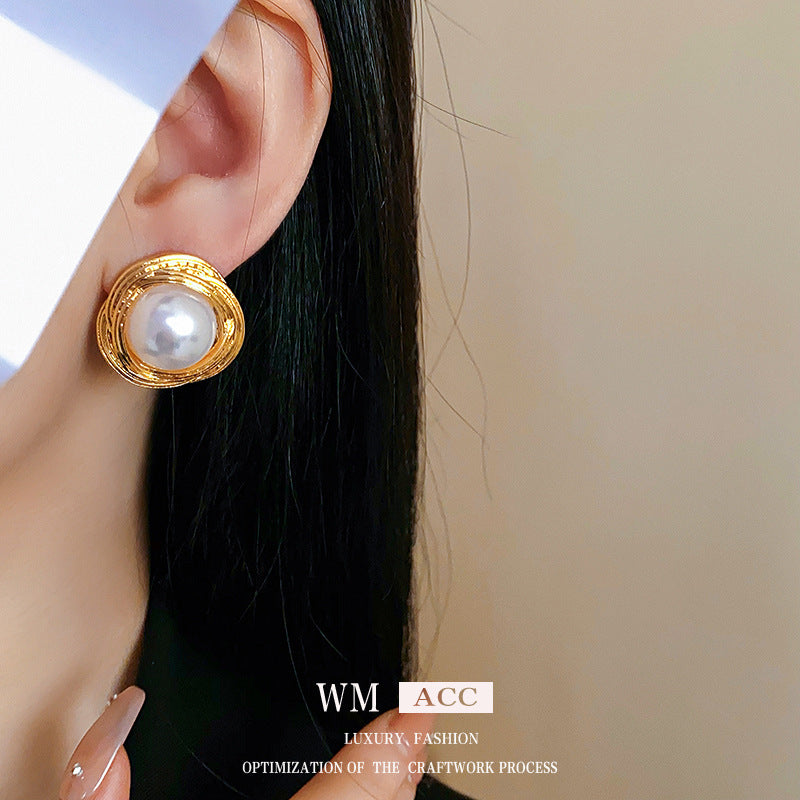 Vintage Geometric Metal Stud Earrings with Round Pearl Accents and Silver-Plated Posts for Women