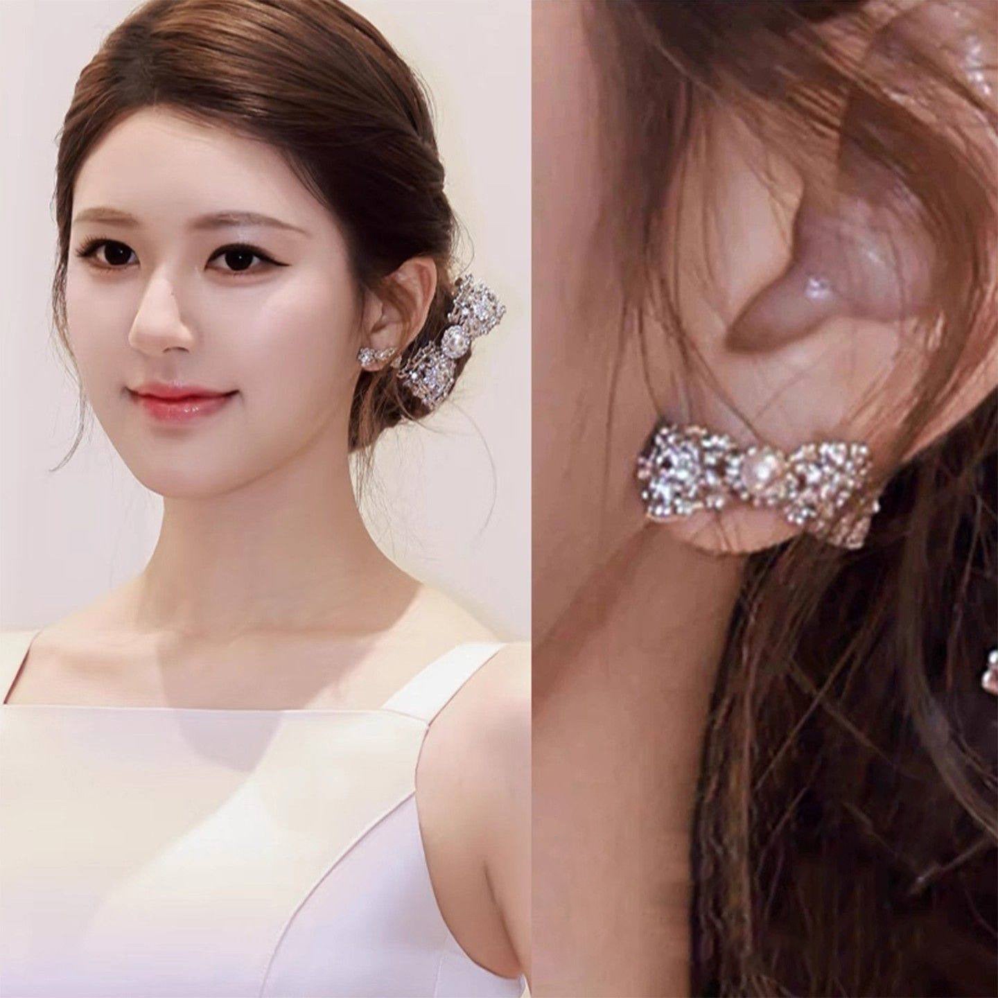 Elegant Bowknot-Shaped Pearl Earrings and Hairpins Set with Zircon Inlay for Women