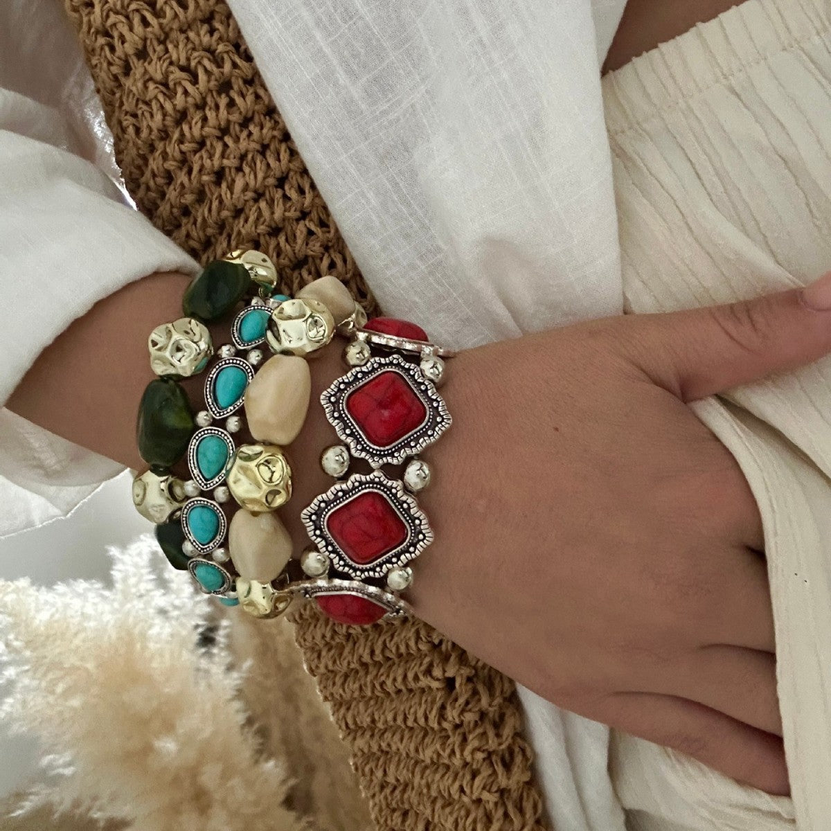 Bohemian Vintage Geometric Turquoise Inlay Plated Alloy Bracelet for Women