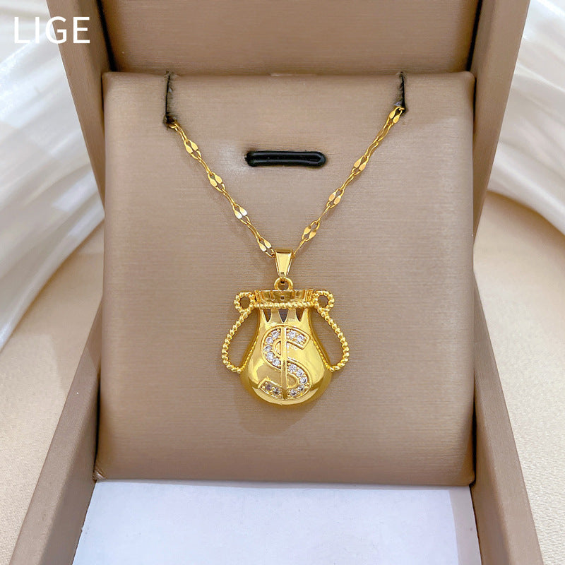 Sweet Geometric Rhinestone Inlaid Titanium Steel Necklace with Brass Pendant