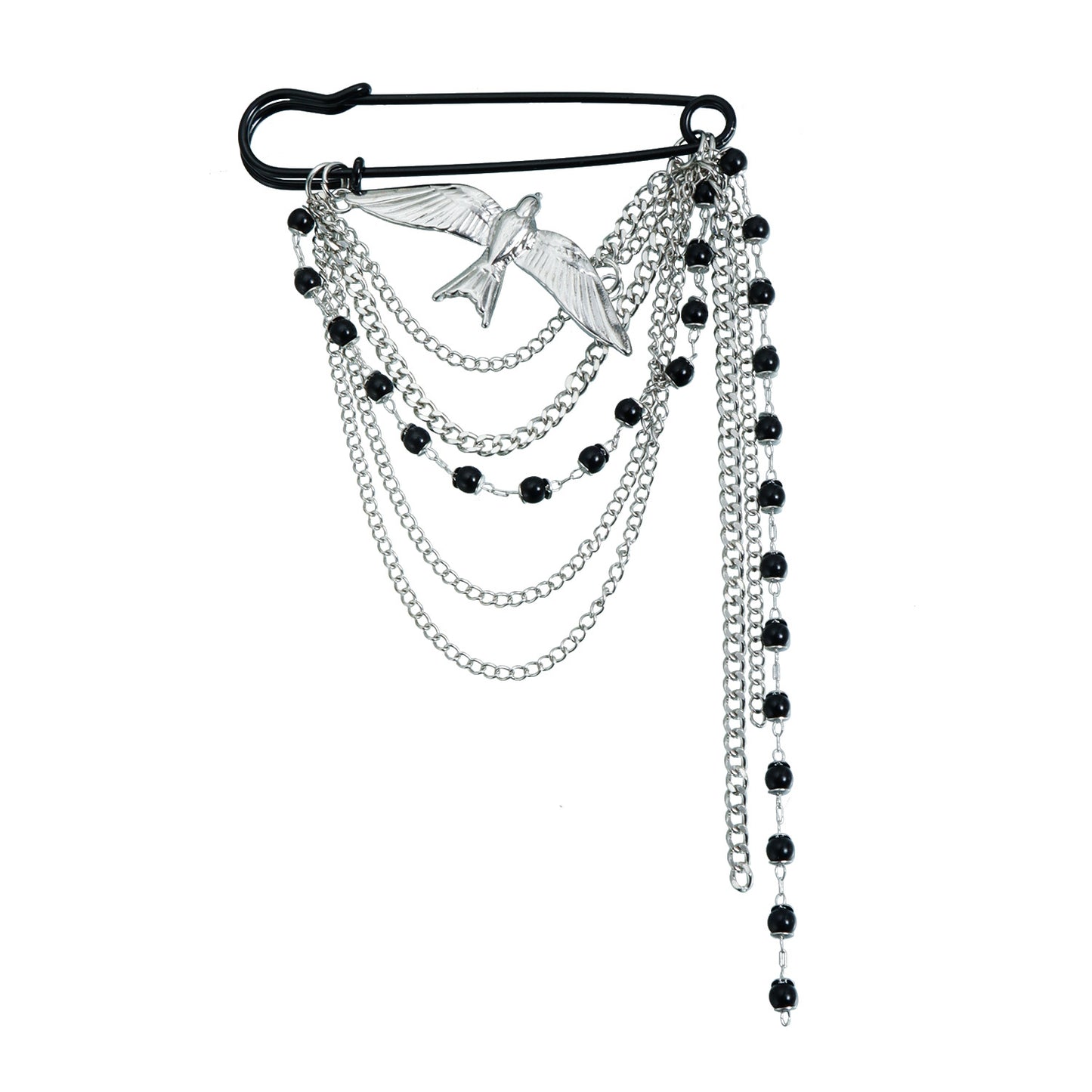 Fashion Geometric Alloy Plated Brooch with Black Beaded Tassel and Multi-layer Chain for Women