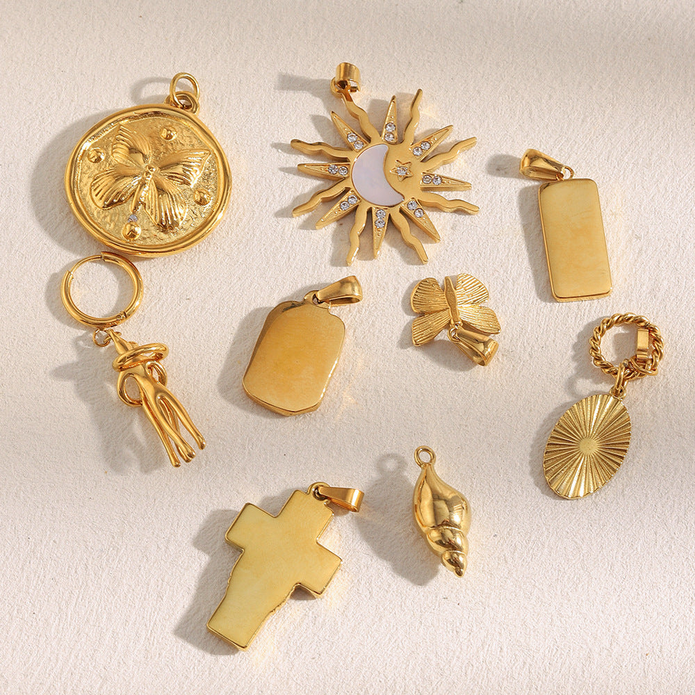 18K Gold Plated Stainless Steel Animal Bee Coin Shell Cubic Zirconia Pendant Charm Bar