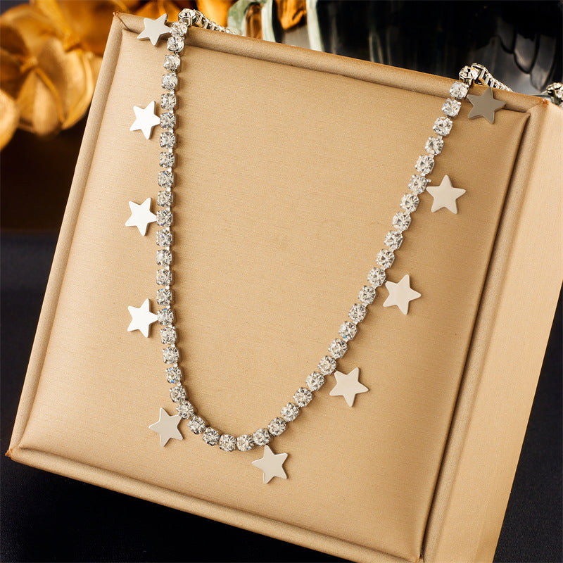 Minimalist Square Star Pendant Necklace in Titanium Steel with Rhinestone Inlay and Plated Finish for Women