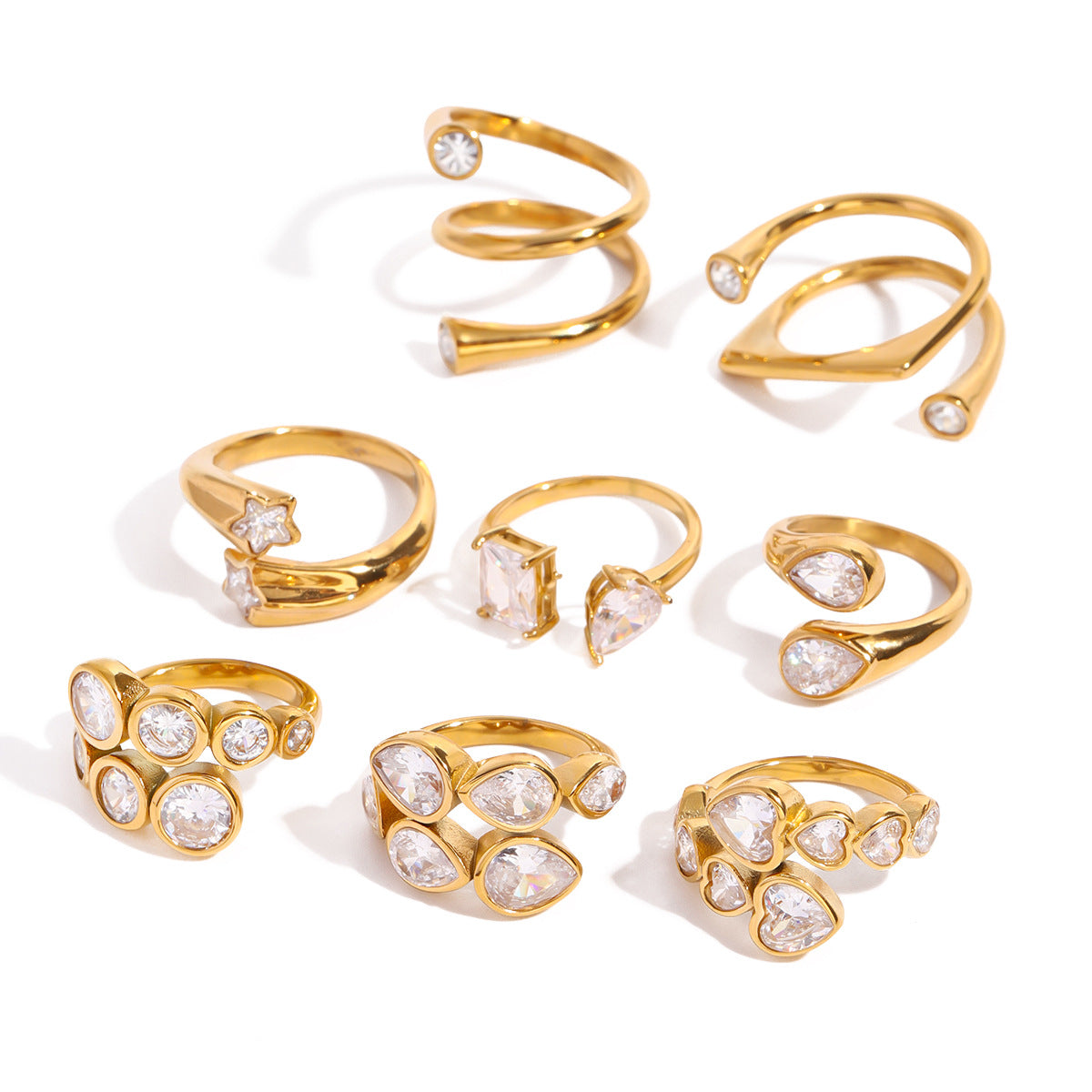 18K Gold Plated Geometric Stainless Steel Ring with Cubic Zirconia