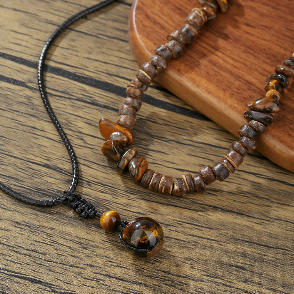 Casual Geometric Tiger Eye Coconut Shell Handmade Waxed Cord Necklace for Men and Women