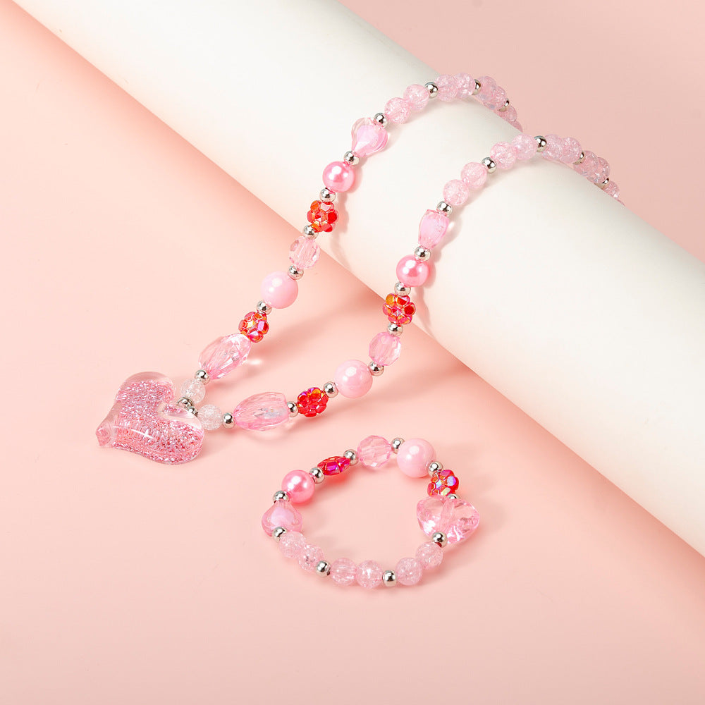 Graziosa collana a cuore per bambini, set in resina con ciondolo in acrilico e catena a perline tonde