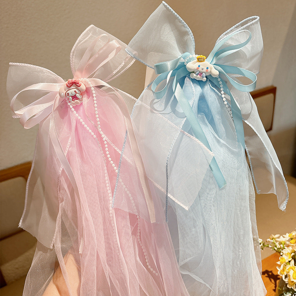 Fermaglio per capelli in tulle con fiocco in stile cartone animato per ragazze con design del personaggio Kuromi, accessorio per capelli per bambini a tema principessa con nastro e bordo in pizzo