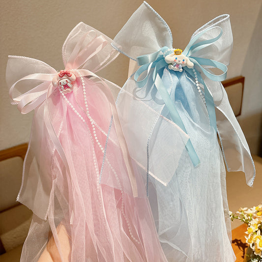Cartoon Style Bow-Knot Tulle Hair Clip for Girls with Kuromi Character Design, Princess-Themed Children's Hair Accessory with Ribbon and Lace Trim