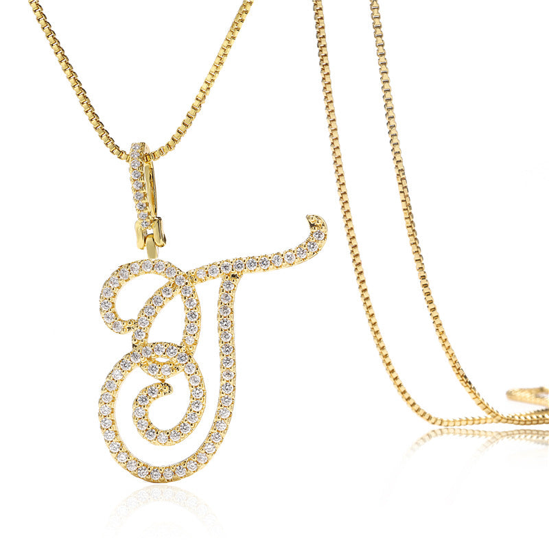 Minimalist Geometric Letter Pendant Necklace in Brass with Micro-Pavé Setting on Box Chain