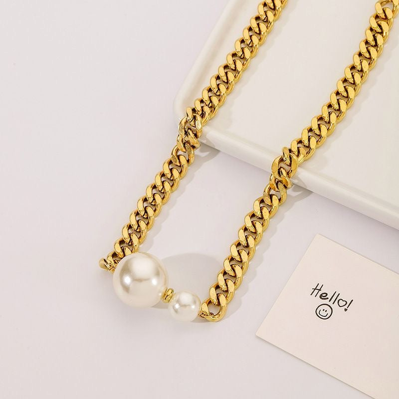 Exaggerated Geometric Titanium Steel Cuban Link Necklace with Large and Small Pearls for Women