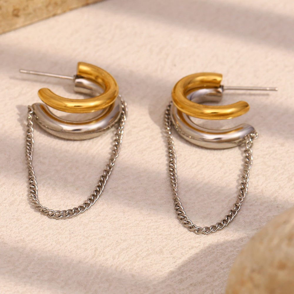 Minimalist Geometric Stainless Steel Earrings with 18K Gold Plating Dual-Tone Chain Design for Women