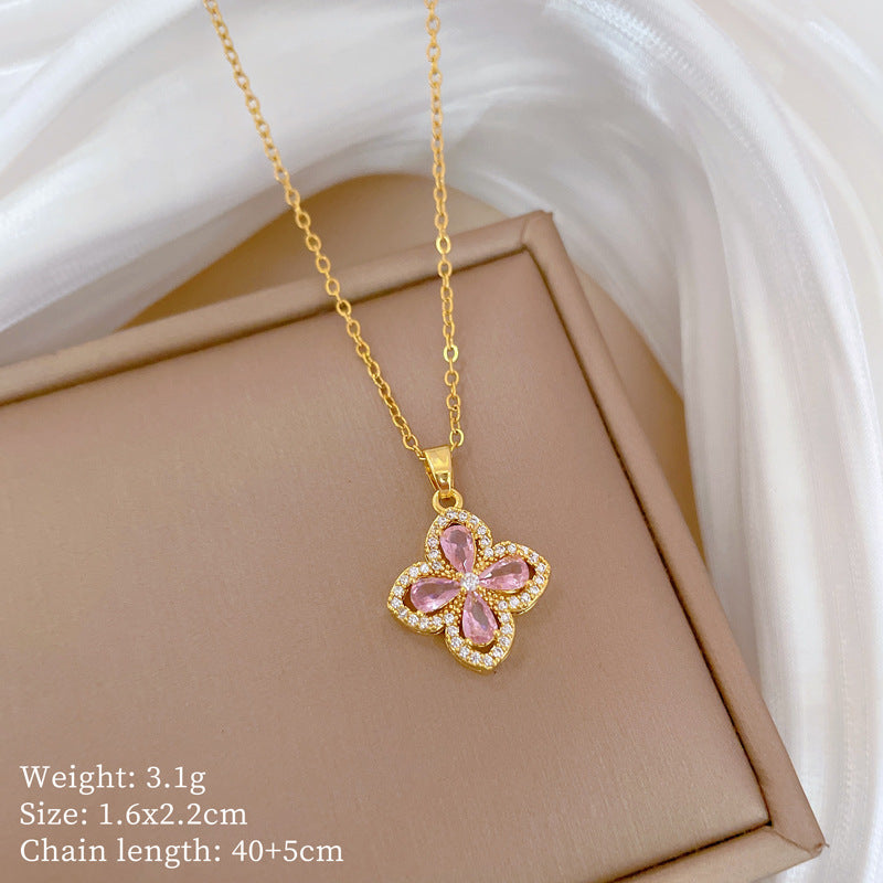 Luxury Titanium Steel Four-Leaf Clover Pendant Necklace and Earrings Set with Rhinestone Inlay for Women Formal Events