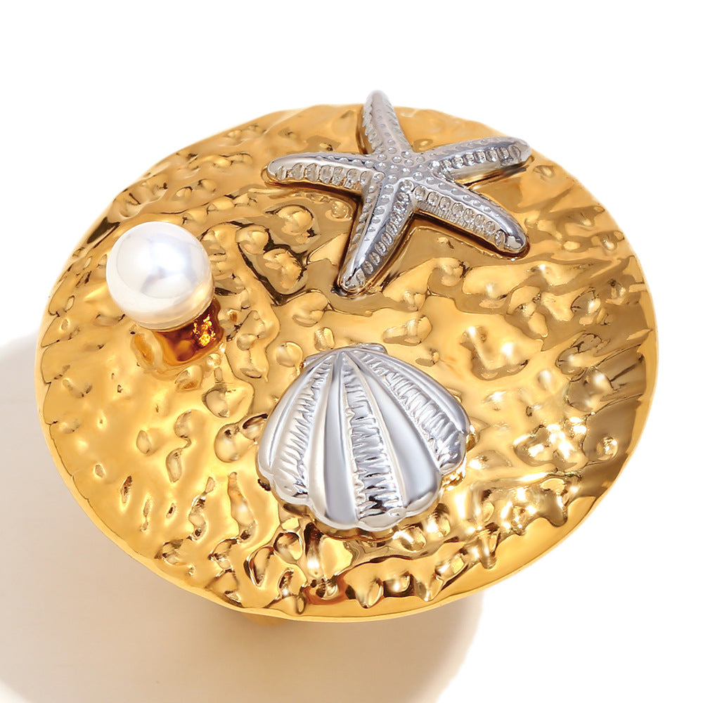 Fashionable Geometric Starfish Shell Pearl Round Open Ring in Stainless Steel with 18K Gold Plating for Women