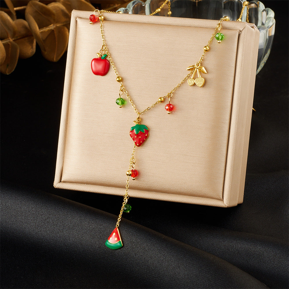 Sweet Geometric Strawberry Drip Oil Rhinestone Crystal Plated Stainless Steel Y-Necklace for Women