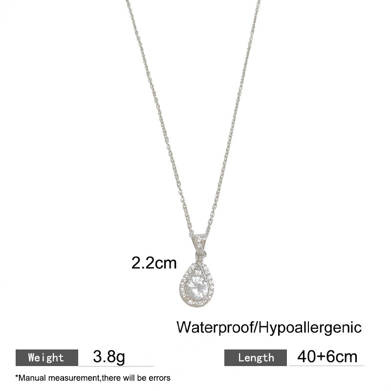 Minimalist Sweet Teardrop Geometric Rhinestone Inlay Brass Pendant Titanium Steel Necklace for Unisex