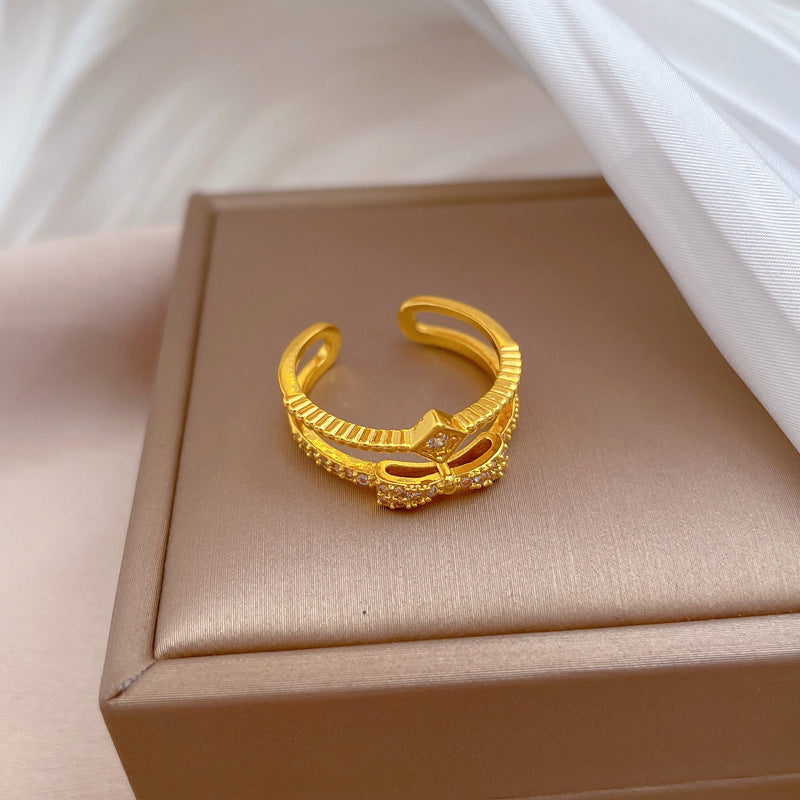 Anello da donna in ottone stile Kawaii con fiocco placcato in oro vero