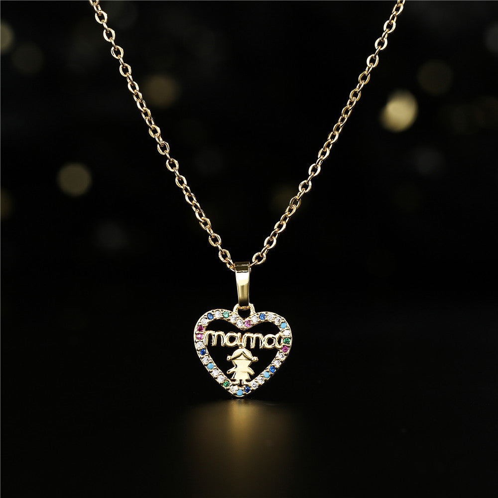 Micro-Inlaid Cubic Zirconia Heart Pendant Brass Necklace Cable Chain for Women