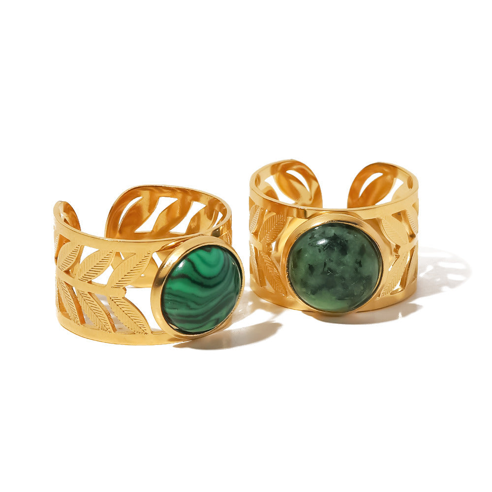 French Style 18K Gold Plated Stainless Steel Hollow Leaf Ring with Green Turquoise and Malachite