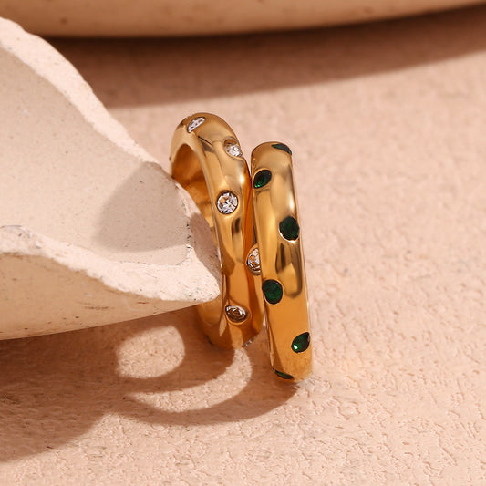 Minimalist Geometric Stainless Steel Ring with 18K Gold Plating and Micro-Pavé Round Rhinestones for Women