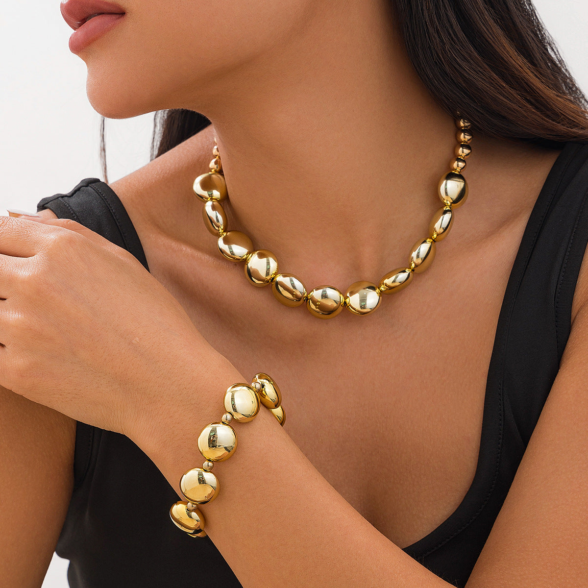 Punk Geometric Round Bead Plated Resin Necklace Set with Brass Pendant for Women