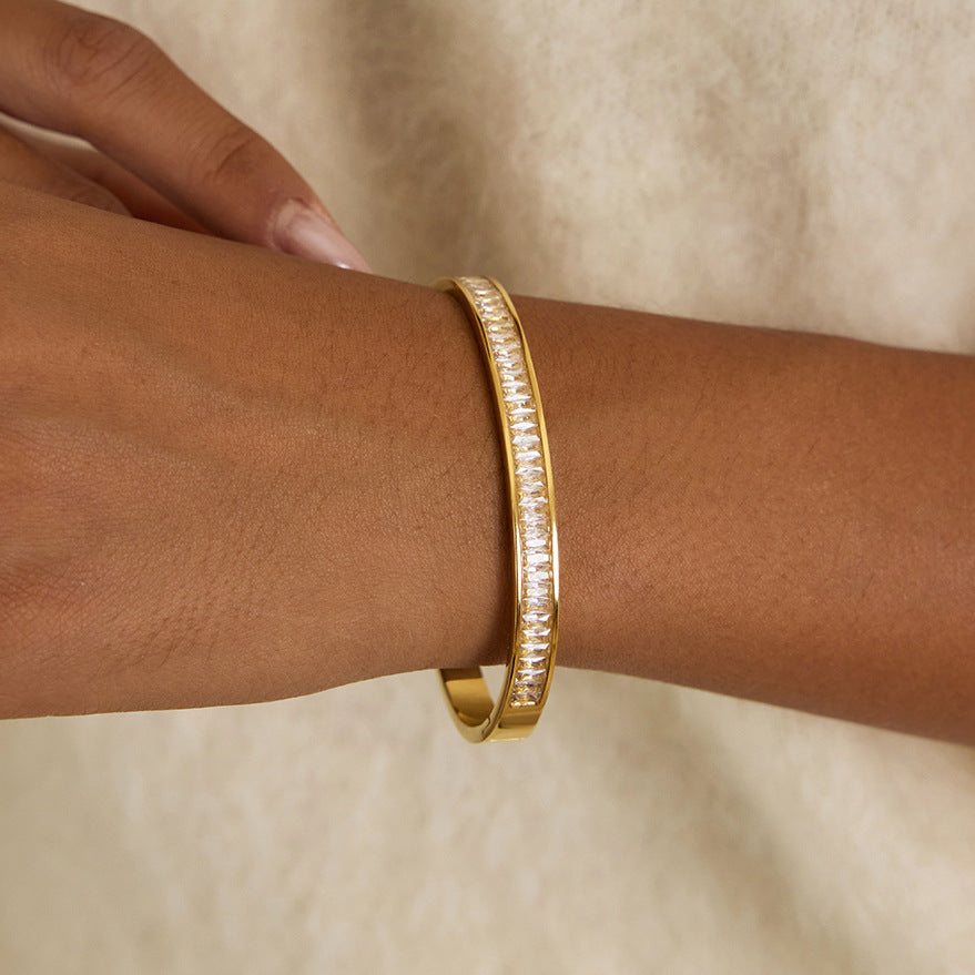 Pulsera de acero de titanio geométrica minimalista con incrustaciones de diamantes de imitación para mujer, joyería de lujo de acero inoxidable chapado hipoalergénico