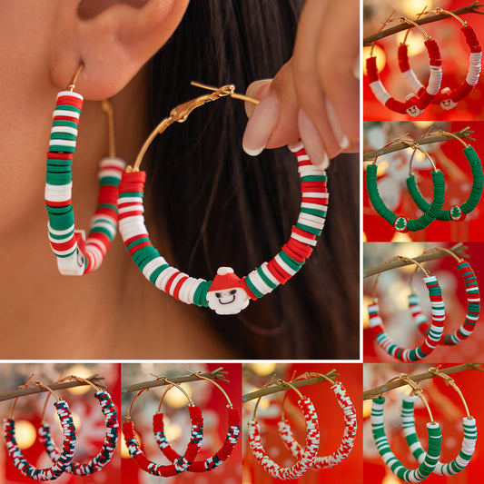 Christmas-Themed Geometric Ceramic Hoop Earrings with Santa Pendant for Women
