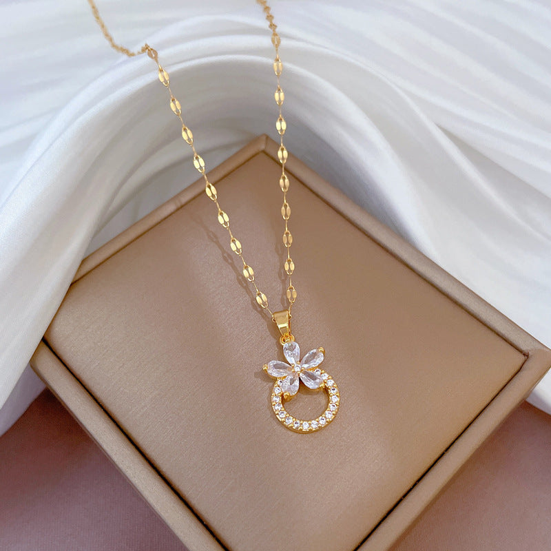 Floral Geometric Titanium Steel Clavicle Necklace with Rhinestone Inlay for Women and Men