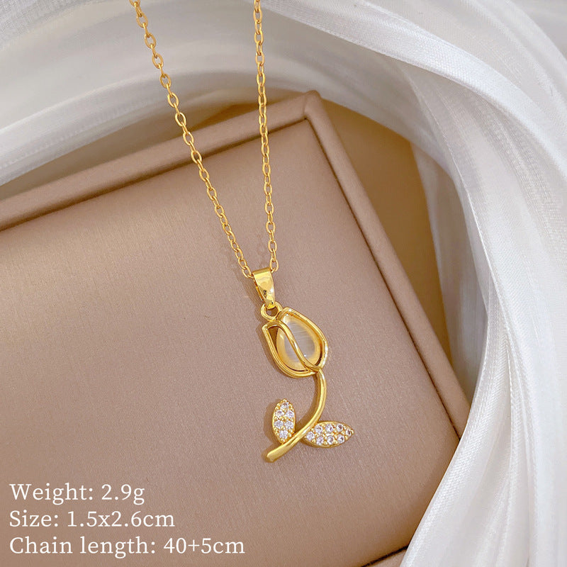 Cartoon Style Tulip-Shaped Stainless Steel Necklace for Women with Cat's Eye Inlay and Starry Accent, Delicate Clavicle Chain