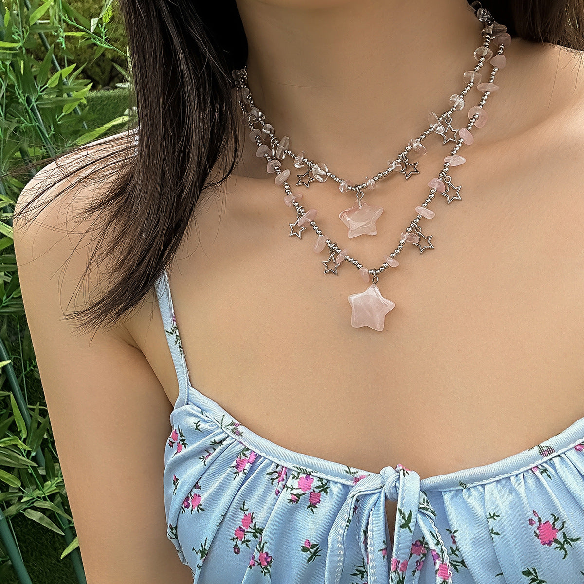 Collar rústico con colgante en forma de estrella para mujer con cadena de aleación de zinc y cuentas de vidrio, acabado galvanizado