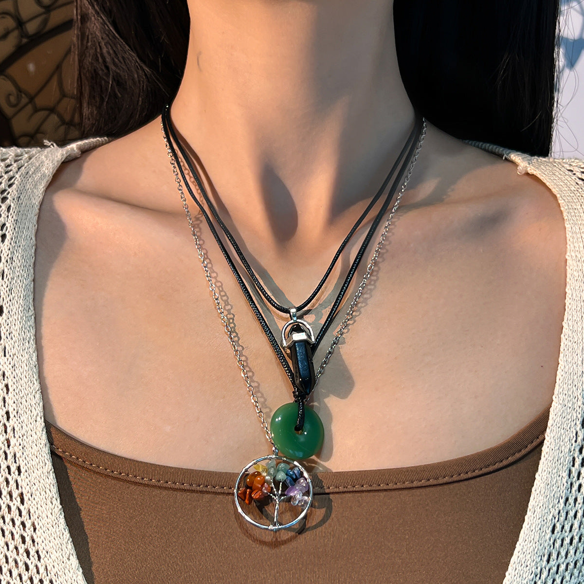 Collana con pendente in cristallo geometrico vintage a forma di albero con cordino in pelle cerata e catena a O in lega per donna