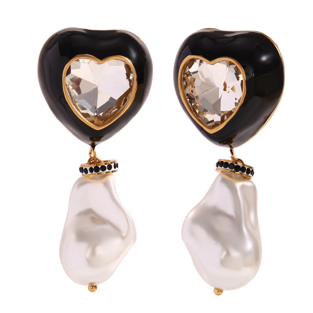 Fashionable Heart-Shaped Stainless Steel Earrings with 18K Gold Plating and Enamel Finish for Women