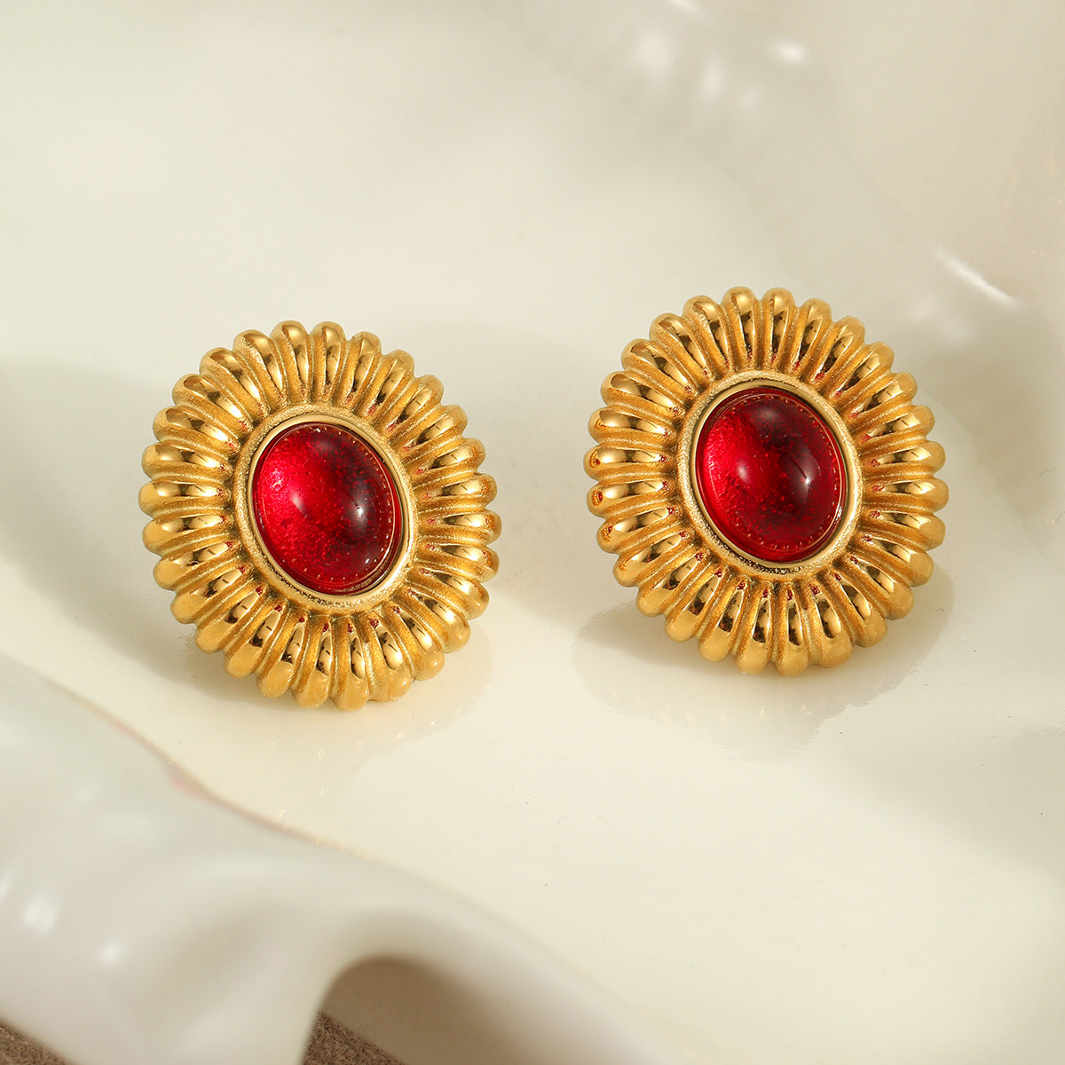 Pendientes de botón de ágata ojo de tigre con diseño geométrico de estilo vintage en acero inoxidable con baño de oro para mujer