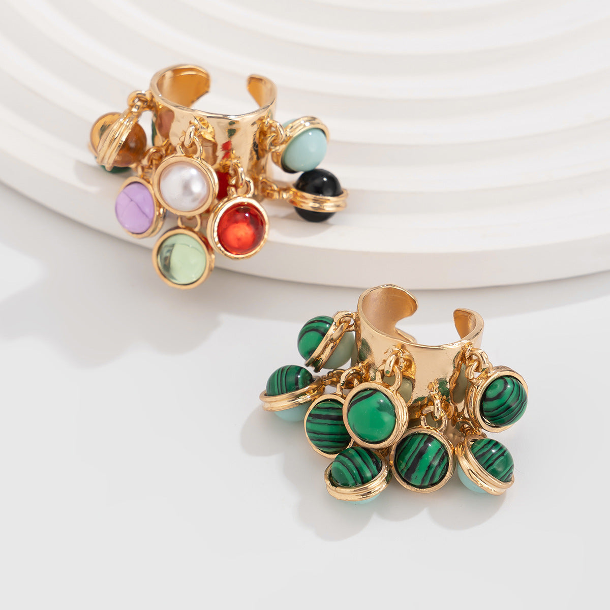 Vintage Palace Style Geometric Round Malachite Inlay Alloy Plated Open Ring for Women