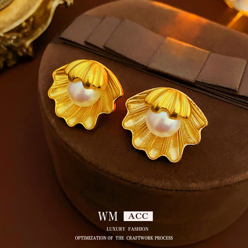 Orecchini pendenti da donna con perle, conchiglie, design geometrico e stile vintage, placcati in oro