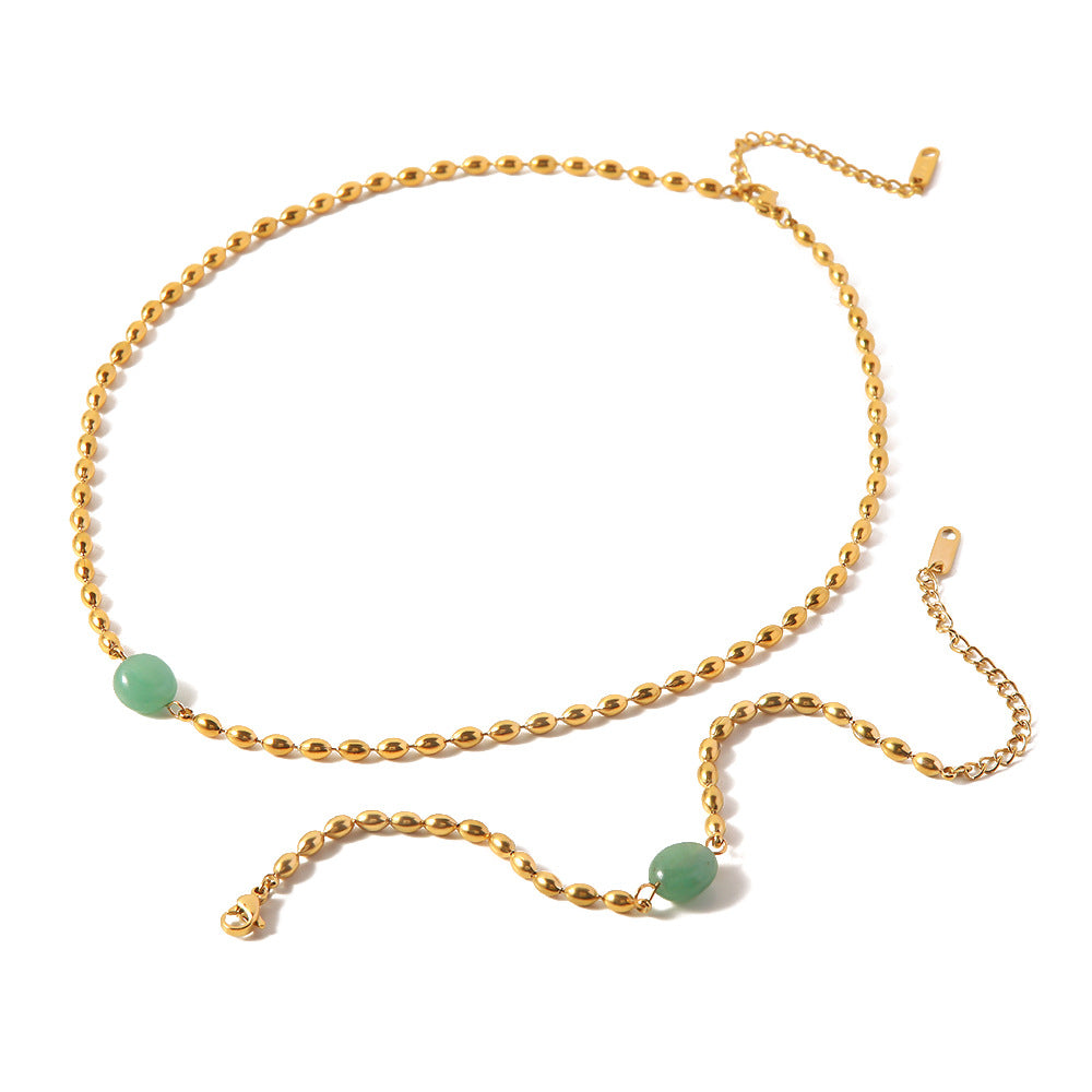 Retro French Style Geometric Green Natural Stone Bracelet and Necklace with Stainless Steel Chain and Gold Beads