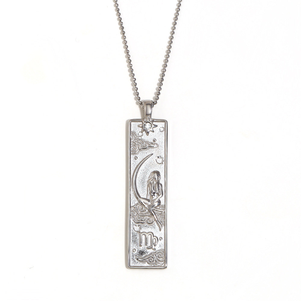 Vintage Geometric Zodiac Pendant Necklace for Women Stainless Steel with 18K Gold Plating Square Charm