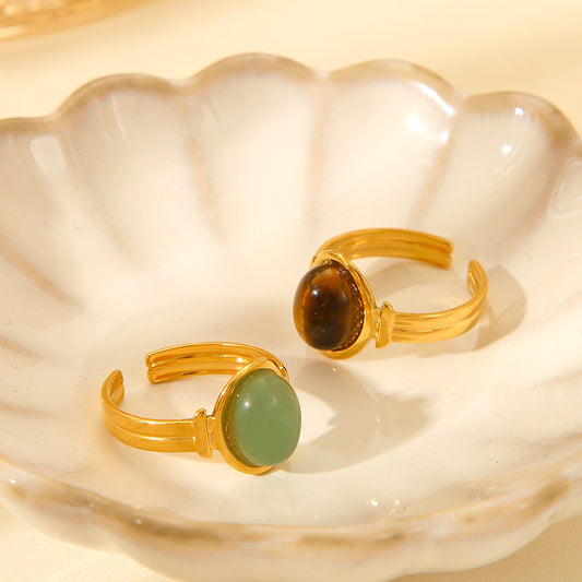 Vintage French Court Style Titanium Steel Adjustable Ring for Women with Tiger Eye Stone Inlay and Electroplated Finish