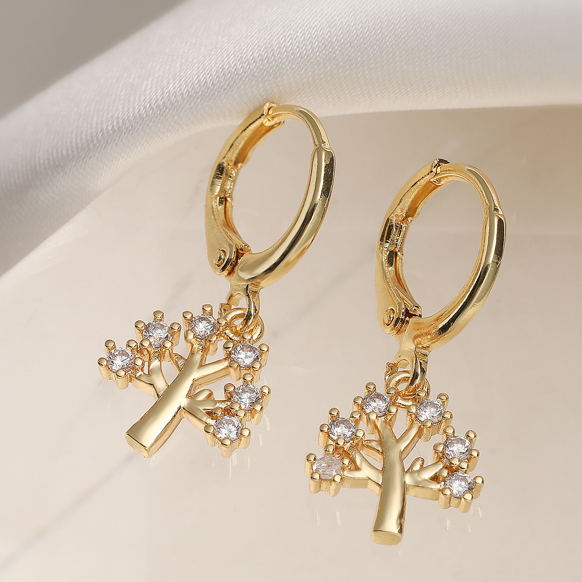 Minimalist Luxury Geometric Gold Plated Brass Cubic Zirconia Tree Earrings for Women