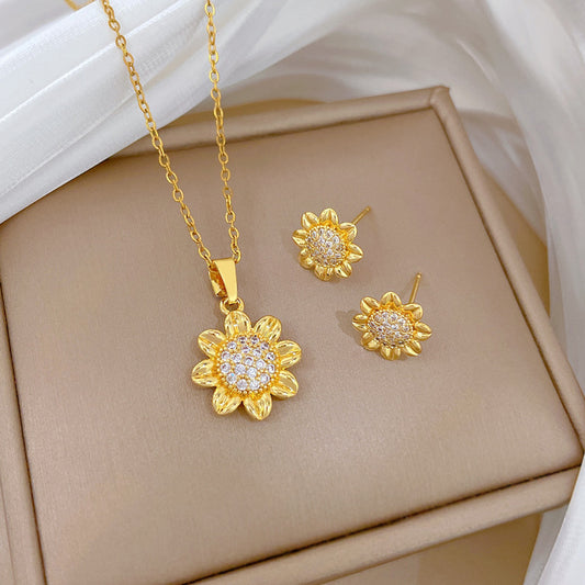 Sweet Minimalist Rhinestone Inlaid Plant Titanium Steel Necklace Set for Unisex