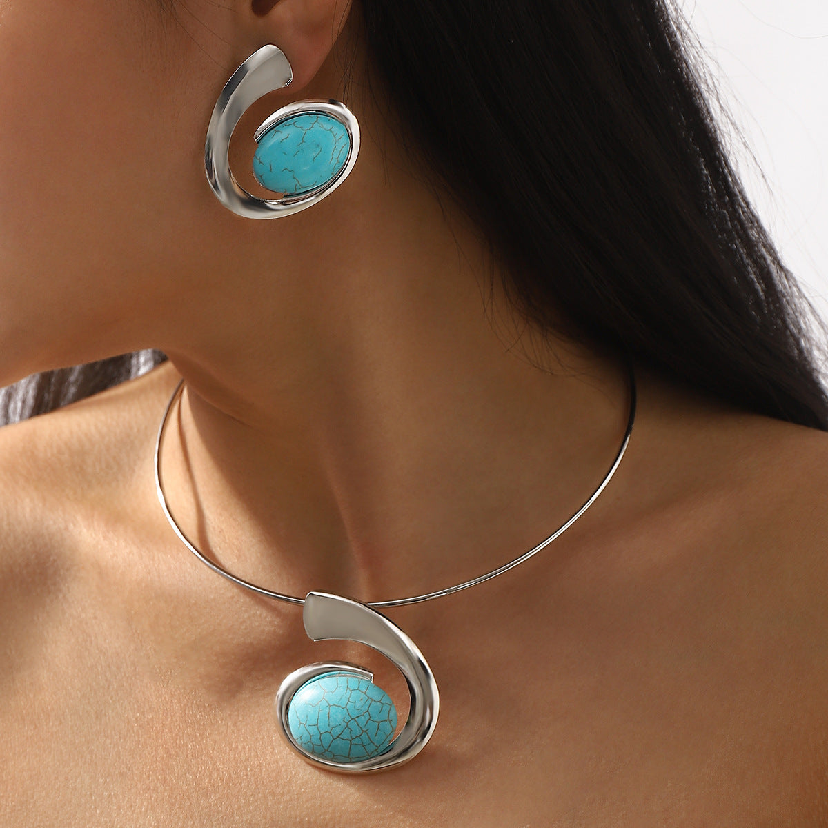 Set Collana con Pendente Turchese Geometrico Bohemien con Orecchini Gioielli in Ferro Galvanizzato