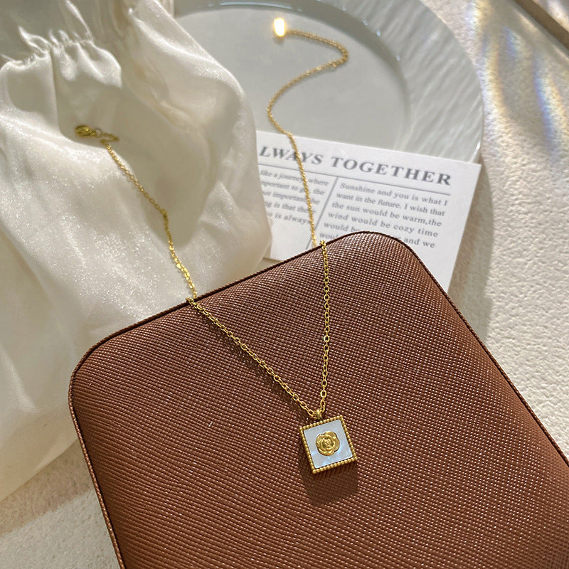 Luxury Square Floral Rose Gold Plated Brass Pendant Titanium Steel Necklace for Unisex