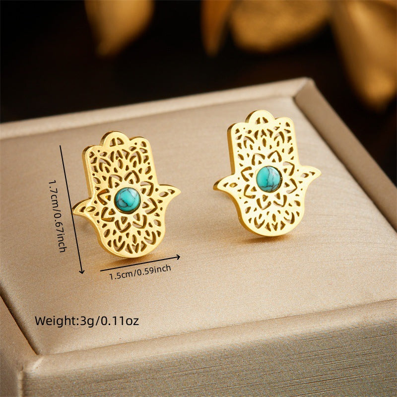 Vintage Fashion Hand-Shaped Turquoise Inlay Openwork Mesh Stainless Steel Necklace and Earrings Set