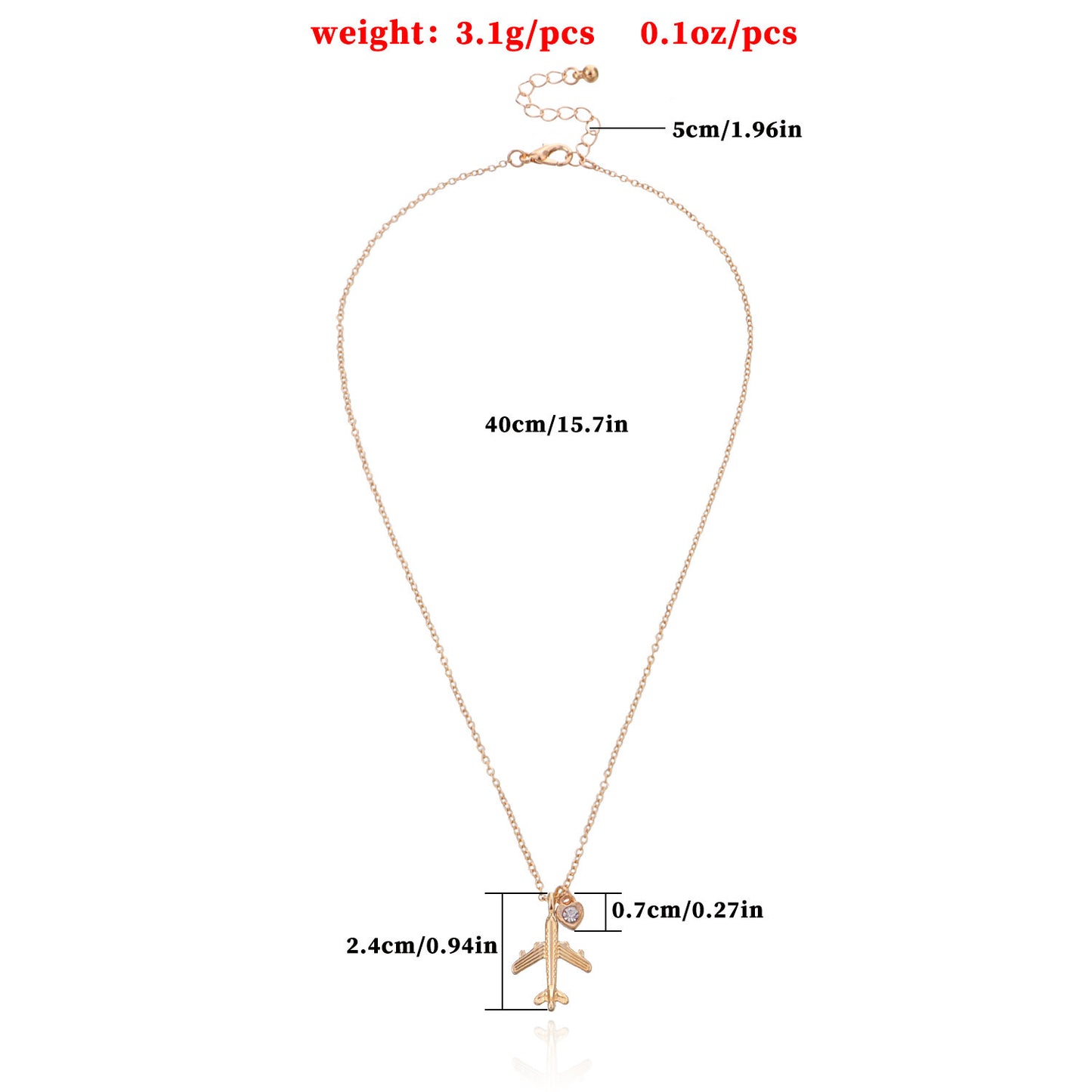 Minimalist Heart-Shaped Aircraft Pendant Necklace for Women Made of Alloy with Rhinestone Inlay and Plated Finish