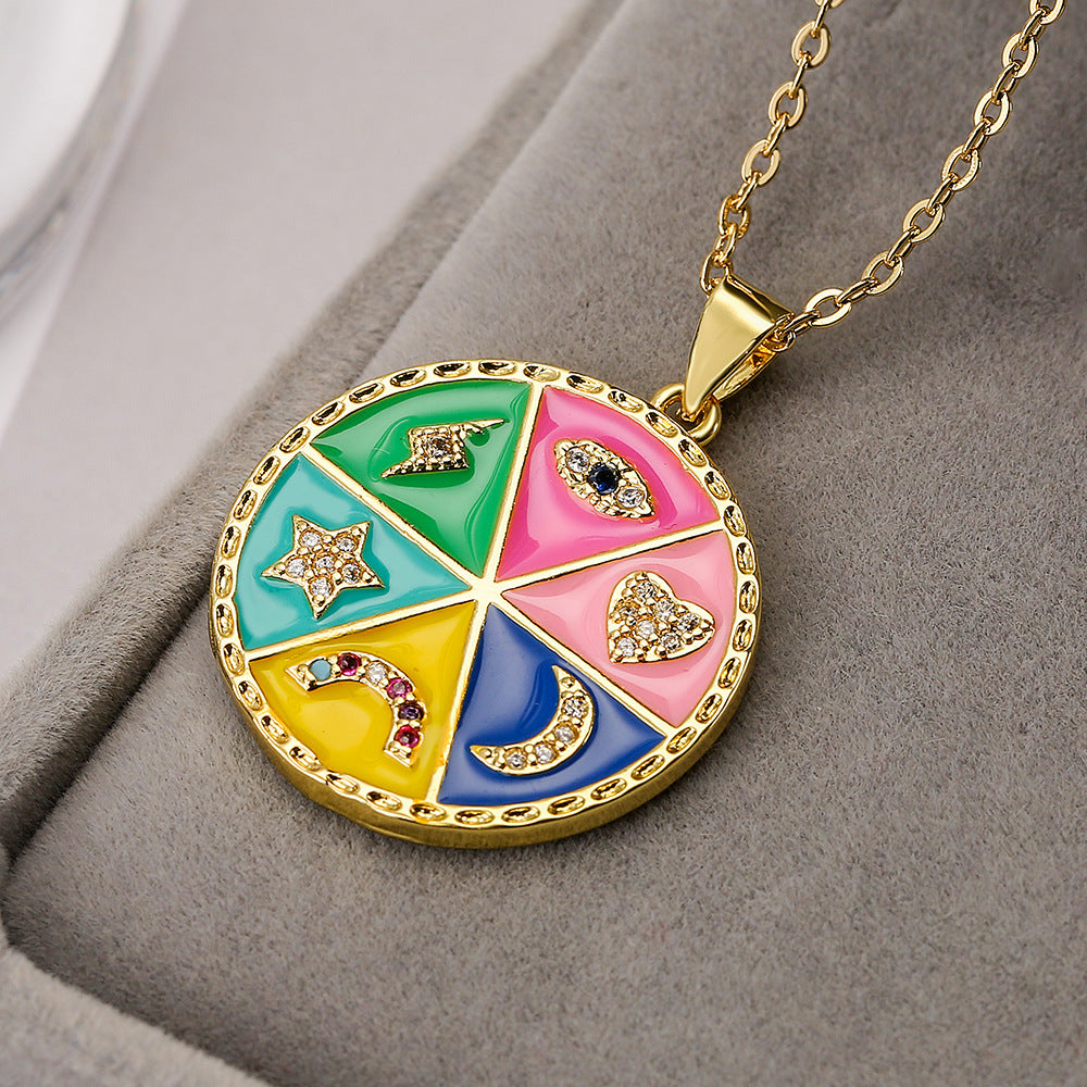 Bohemian Style Geometric Copper Pendant Necklace with Enamel Finish, Zircon-Set Eye and Star-Moon Motif