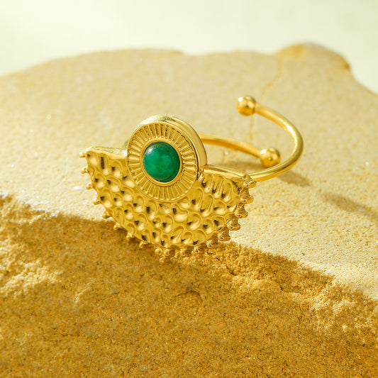 Fashionable Fan-Shaped Ring in Stainless Steel with 18K Gold Plating and Turquoise Inlay Adjustable for Women