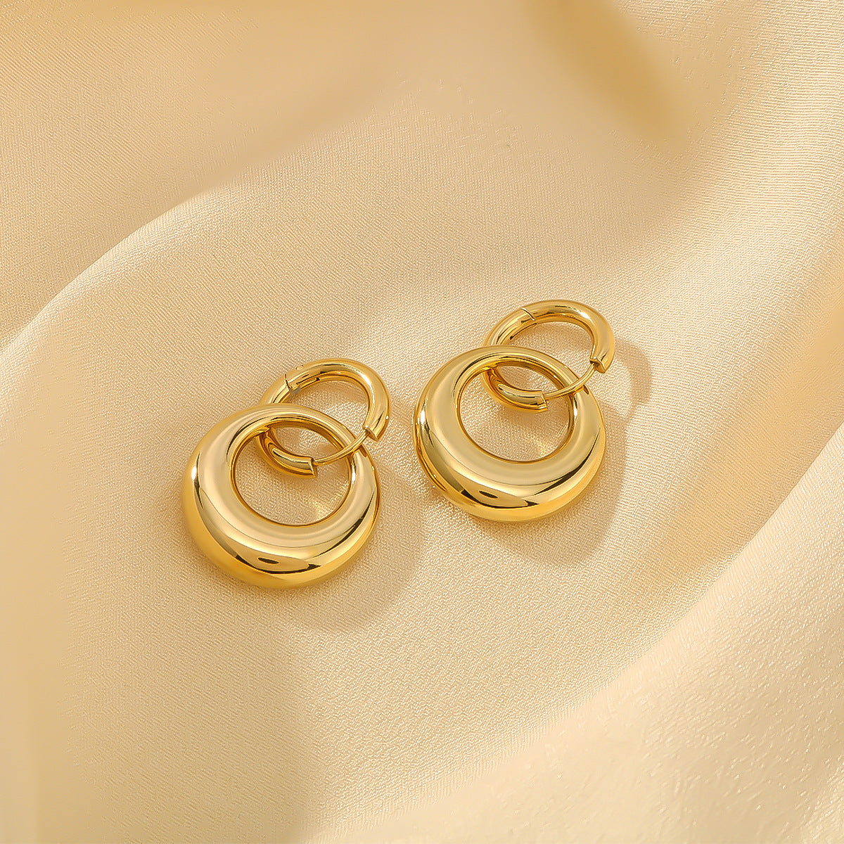 Minimalist Geometric Double Ring Earrings in Stainless Steel with 18K Gold Plating for Women